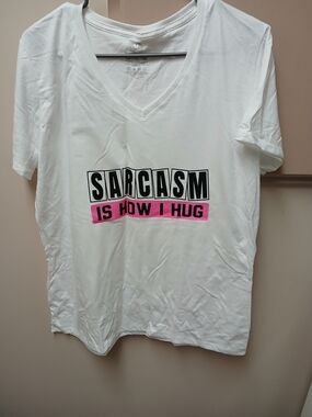 White V-Neck Tee with "SARCASM IS HOW I HUG" Graphic